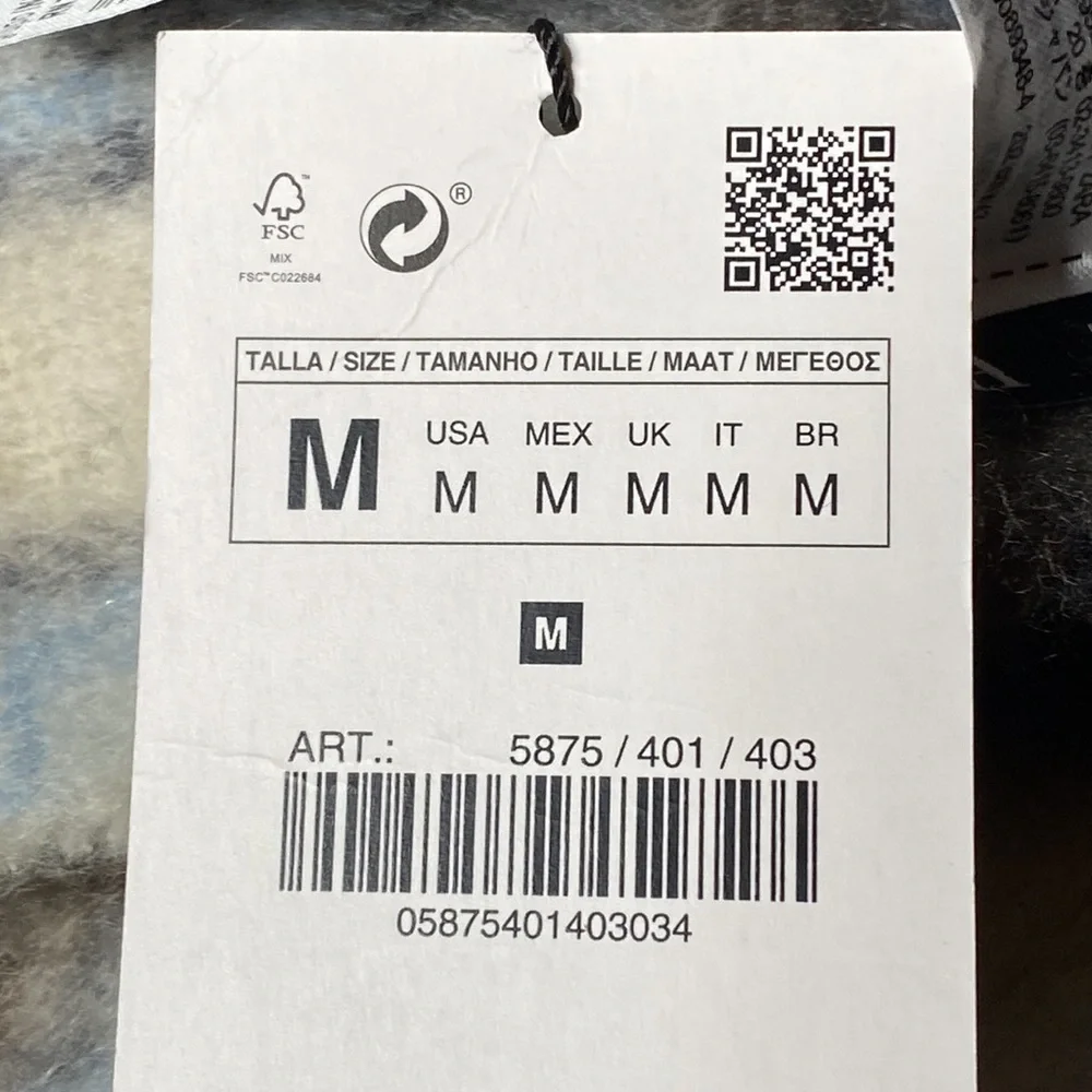 NWT. Zara Blue/Cream Checked Fringed Scarf.